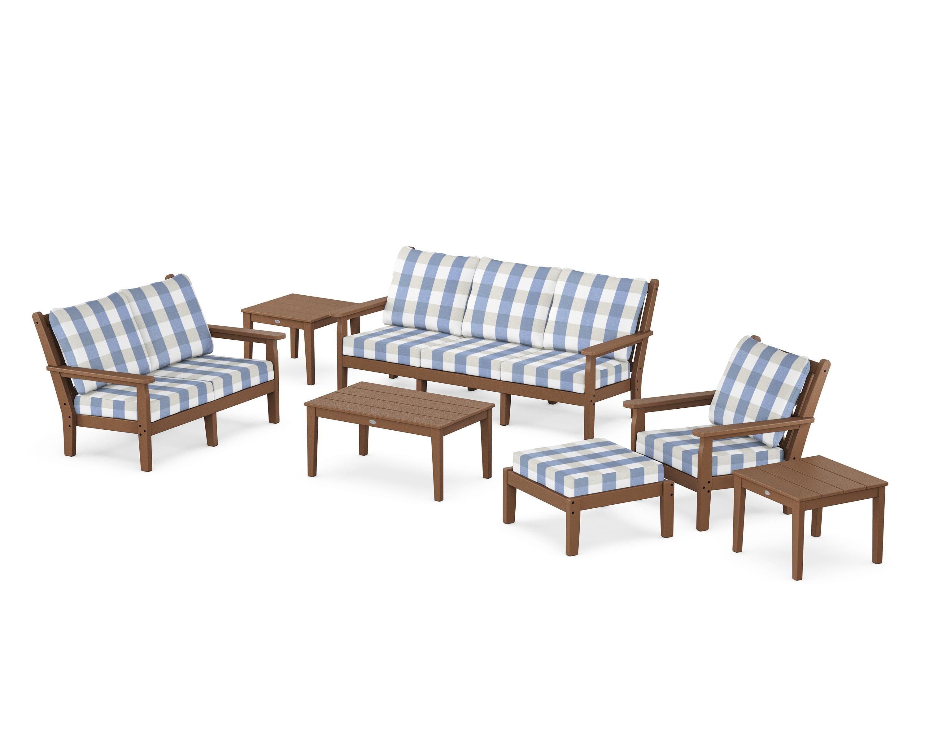 POLYWOOD® Chippendale 7-Piece Deep Seating Set in Teak / Buffalo Plaid Sky Blue