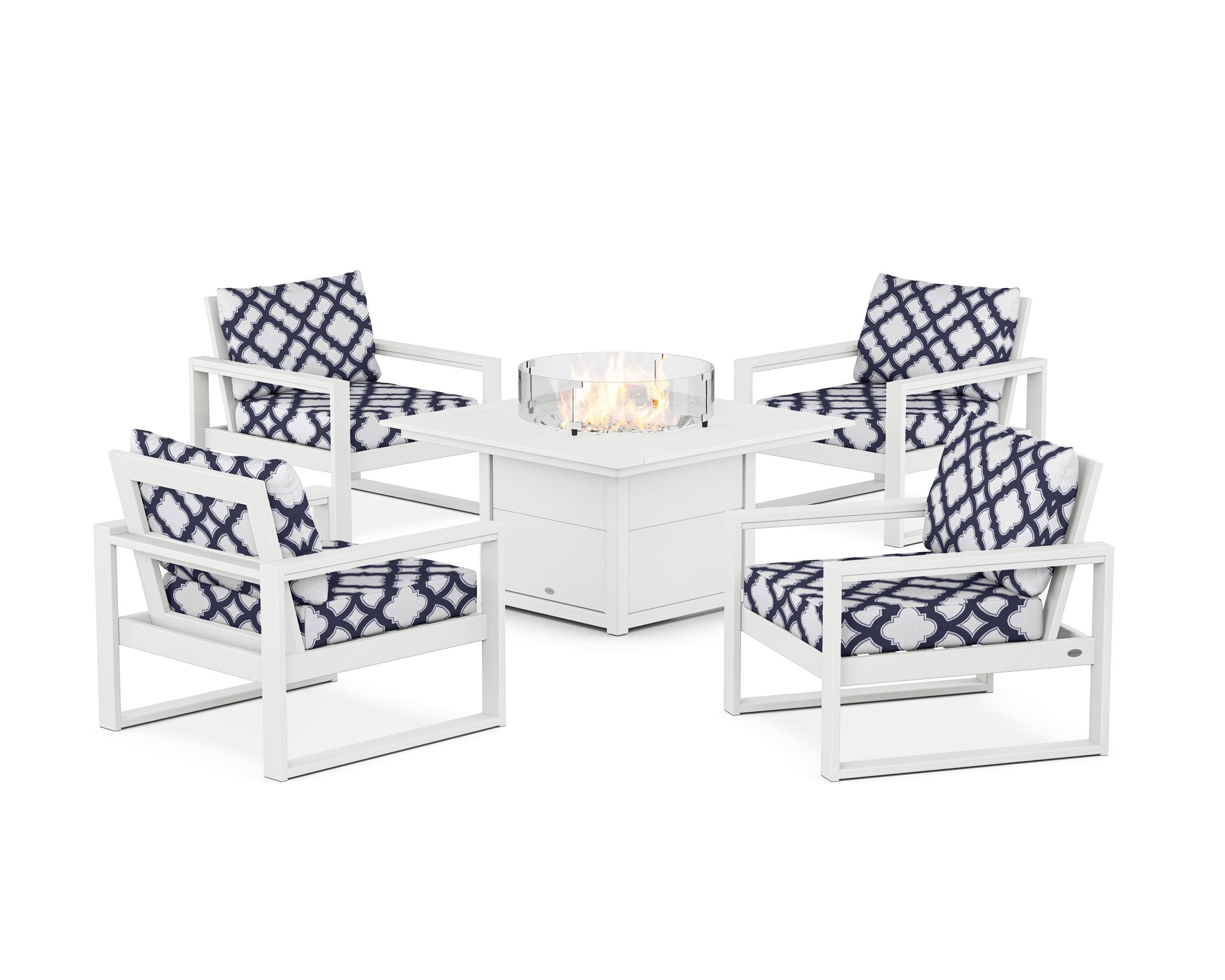 POLYWOOD® EDGE Sectional 5-Piece Deep Seating Set with Fire Pit Table in White / Trellis Navy