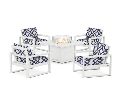 POLYWOOD® EDGE Sectional 5-Piece Deep Seating Set with Fire Pit Table in White / Trellis Navy