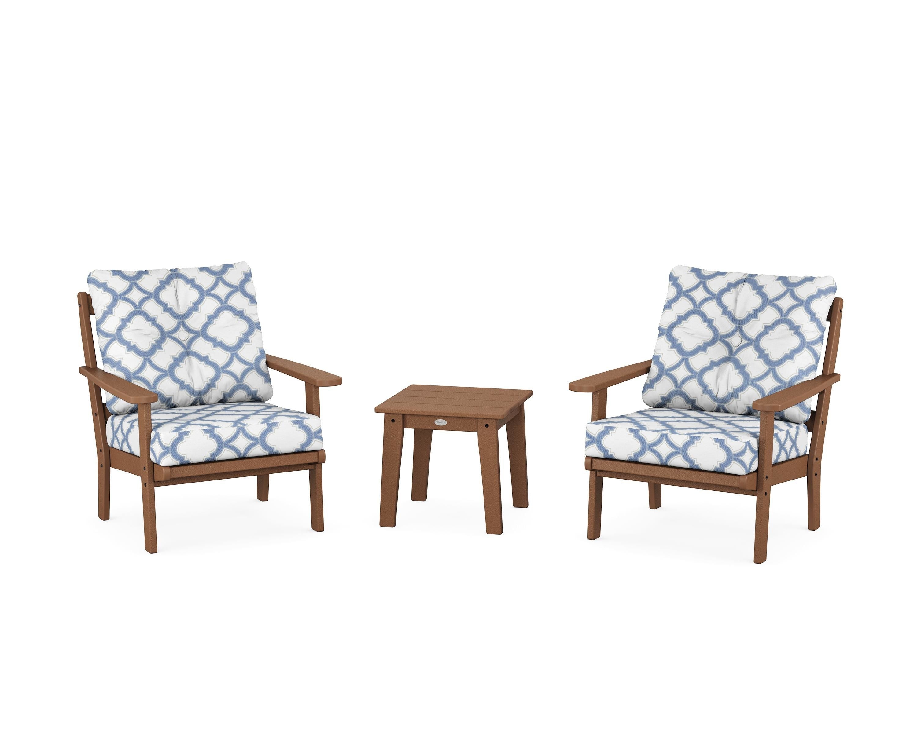 POLYWOOD® Mission 3-Piece Deep Seating Set in Teak / Trellis Sky Blue