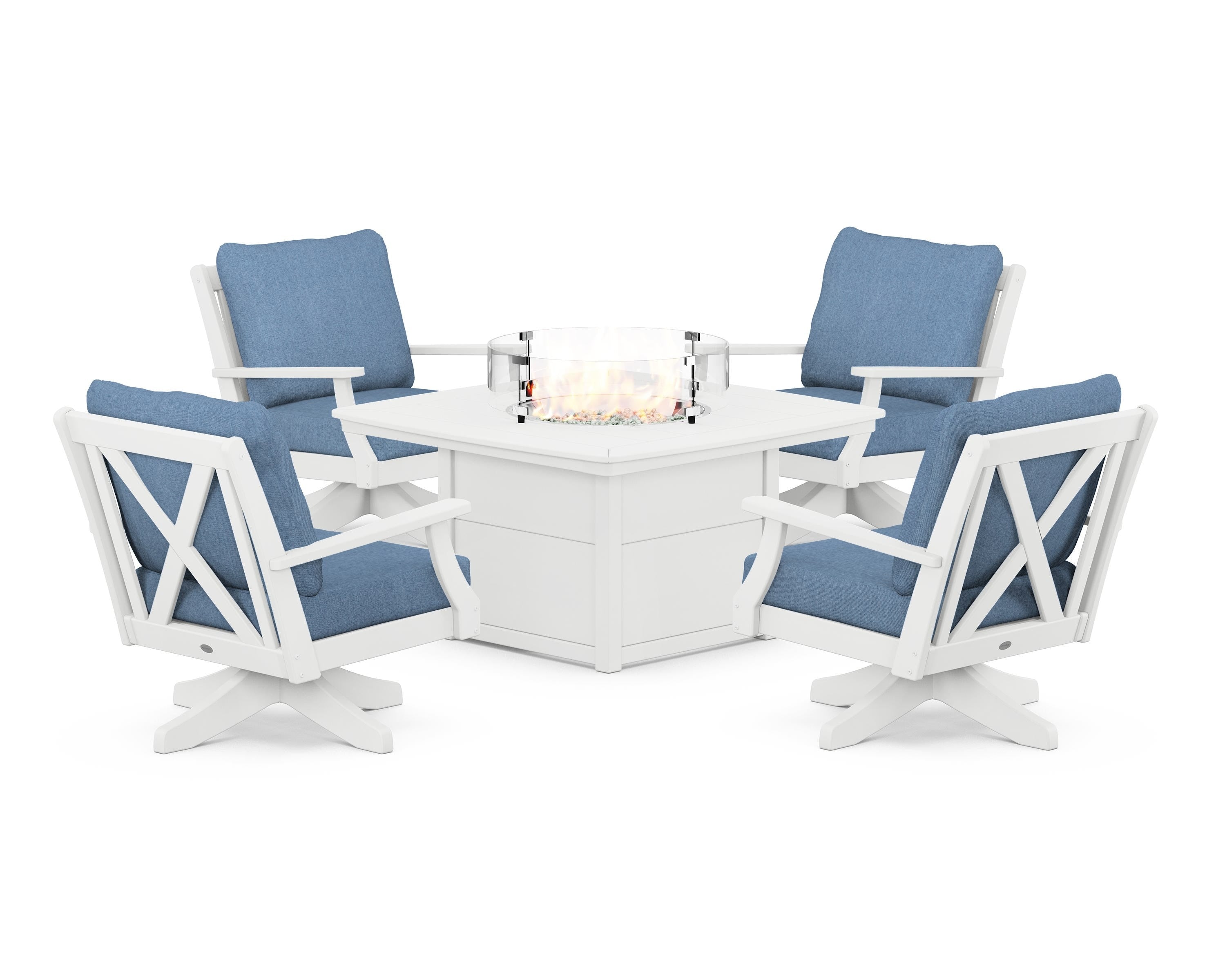 POLYWOOD® Braxton 5-Piece Deep Seating Swivel Conversation Set with Fire Pit Table in White / Sky Blue