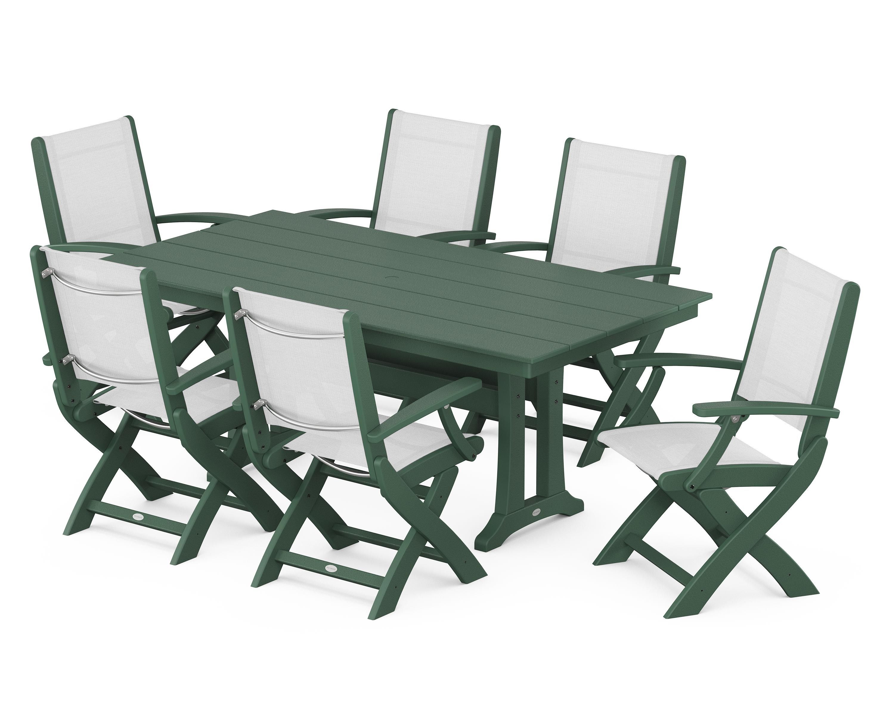 POLYWOOD® Coastal Folding Arm Chair 7-Piece Farmhouse Dining Set with Trestle Legs in Green / White Sling