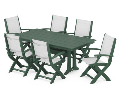POLYWOOD® Coastal Folding Arm Chair 7-Piece Farmhouse Dining Set with Trestle Legs in Green / White Sling