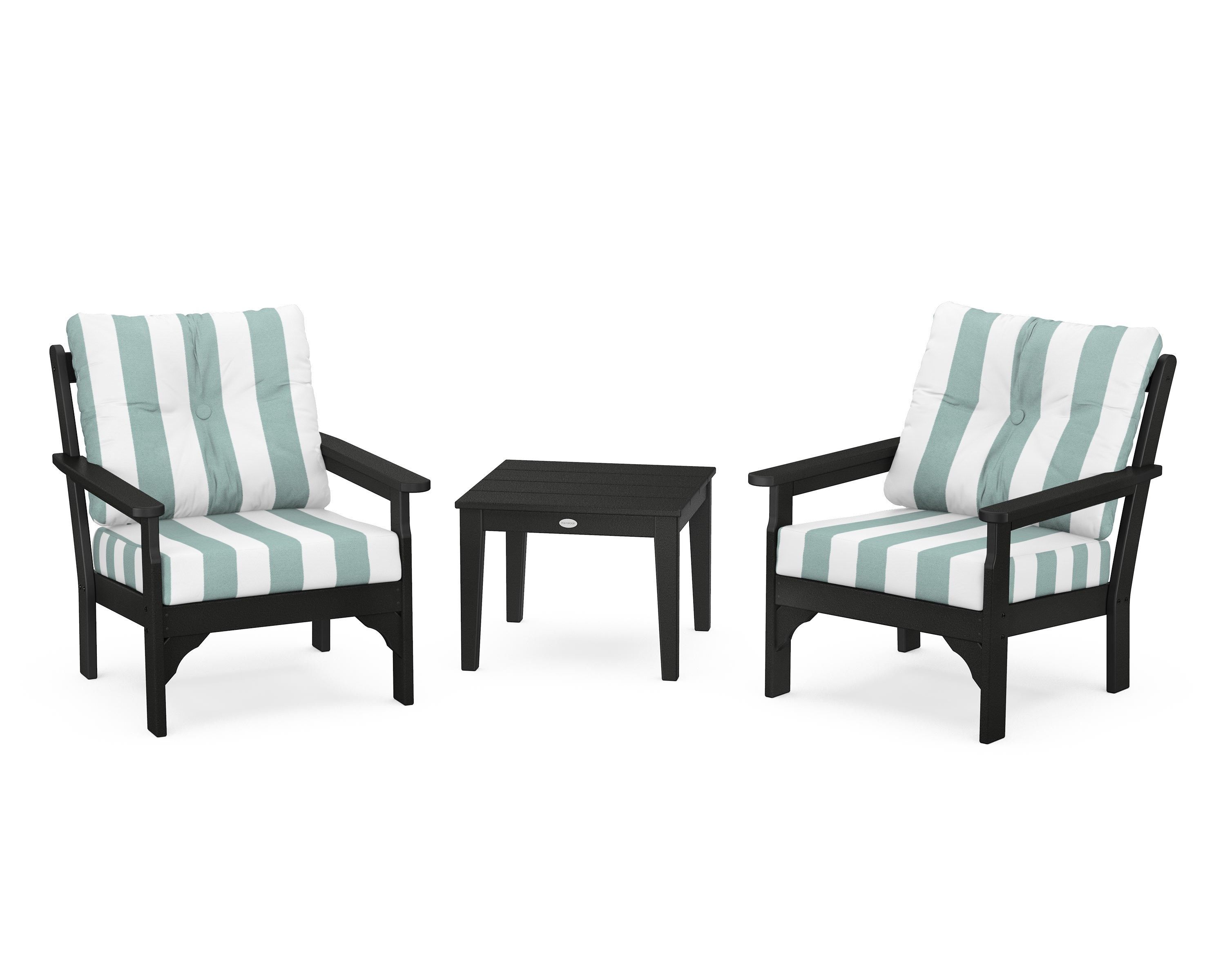 POLYWOOD® Vineyard 3-Piece Deep Seating Set in Black / Cabana Stripe Glacier Spa