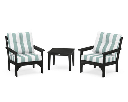 POLYWOOD® Vineyard 3-Piece Deep Seating Set in Black / Cabana Stripe Glacier Spa