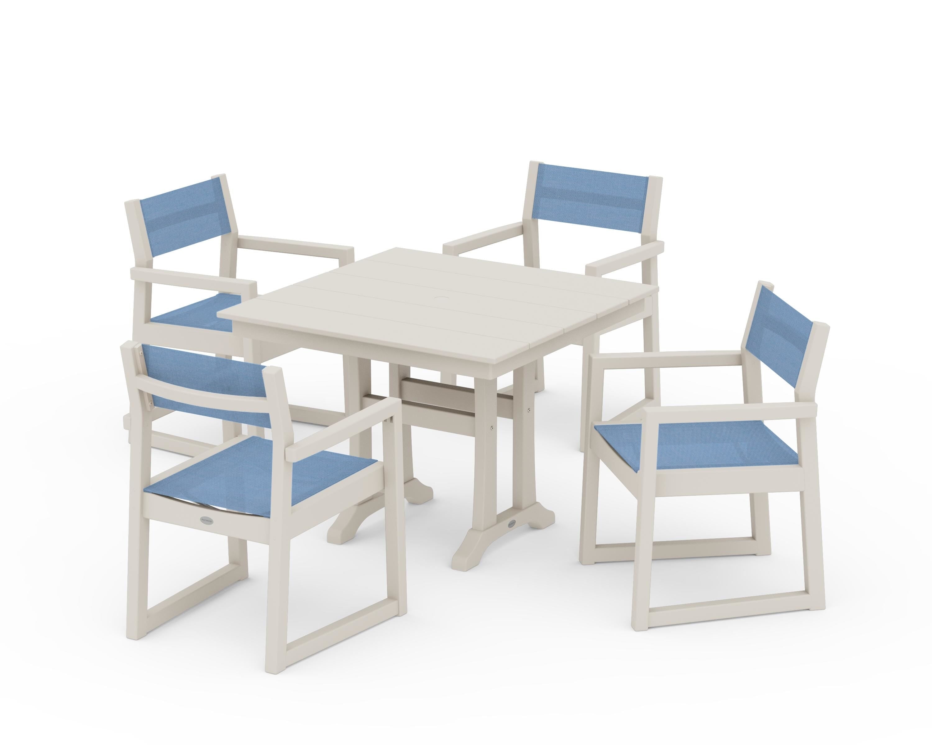 POLYWOOD® EDGE Sling 5-Piece Farmhouse Dining Set with Trestle Legs in Sand / Poolside Sling