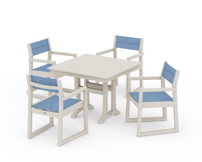 POLYWOOD® EDGE Sling 5-Piece Farmhouse Dining Set with Trestle Legs in Sand / Poolside Sling