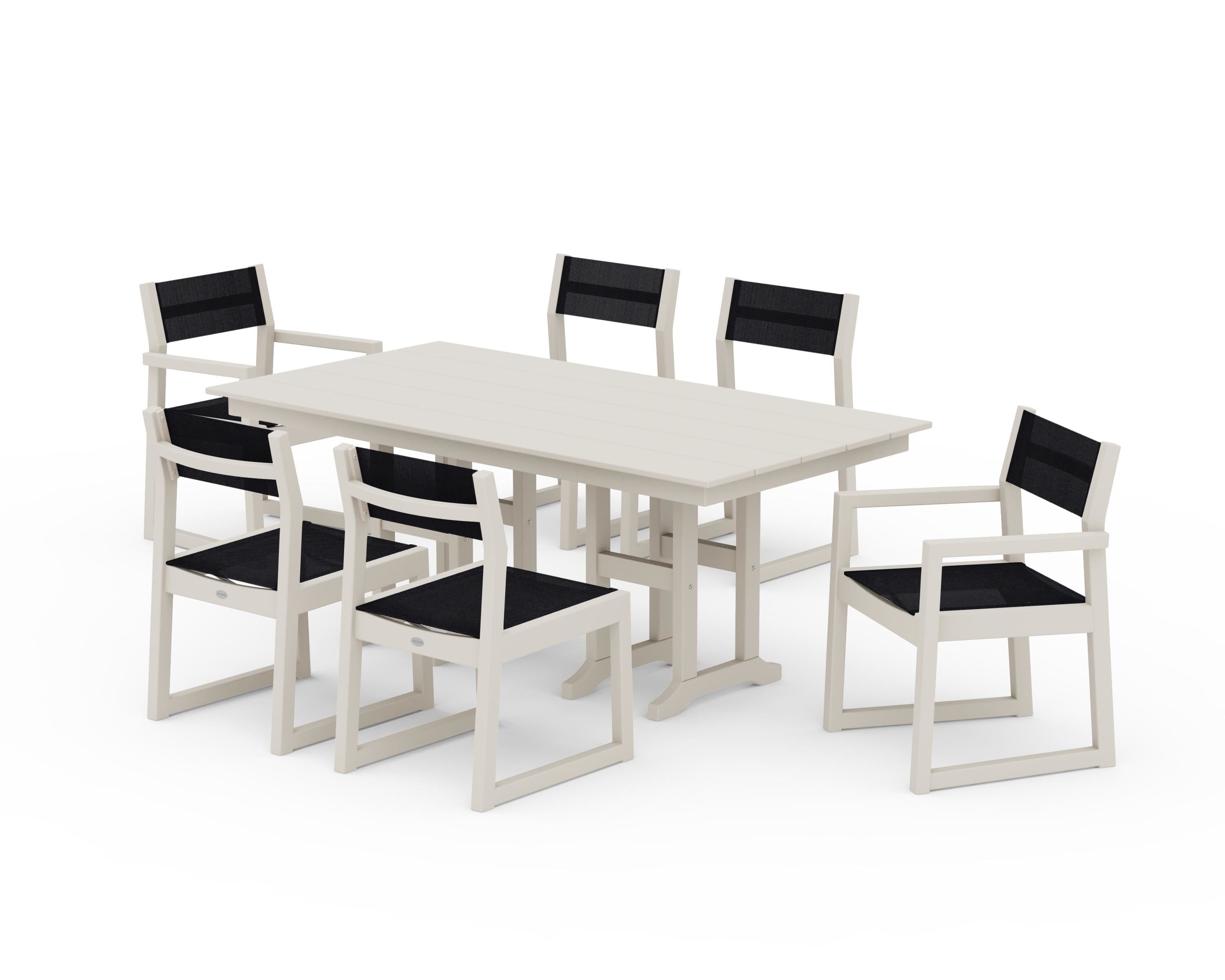 POLYWOOD® EDGE Sling 7-Piece Farmhouse Dining Set in Sand / Black Sling