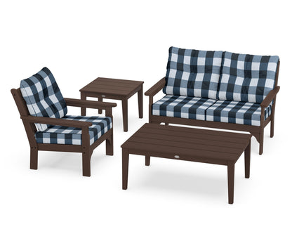 POLYWOOD® Vineyard 4-Piece Deep Seating Set in Mahogany / Buffalo Plaid Marine Indigo