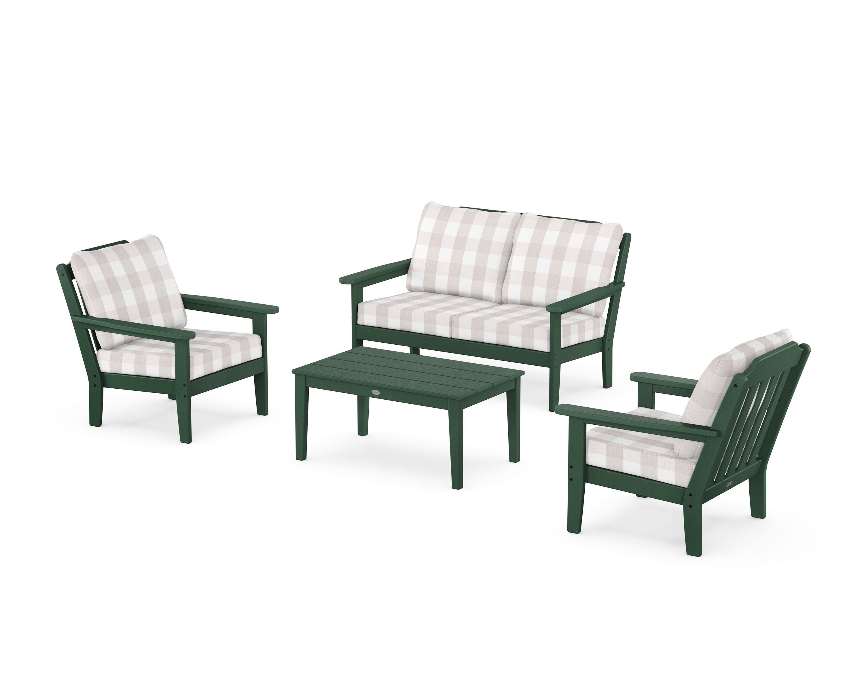 Country Living Cottage 4-Piece Deep Seating Set with Loveseat in Green / Buffalo Plaid Dune Burlap
