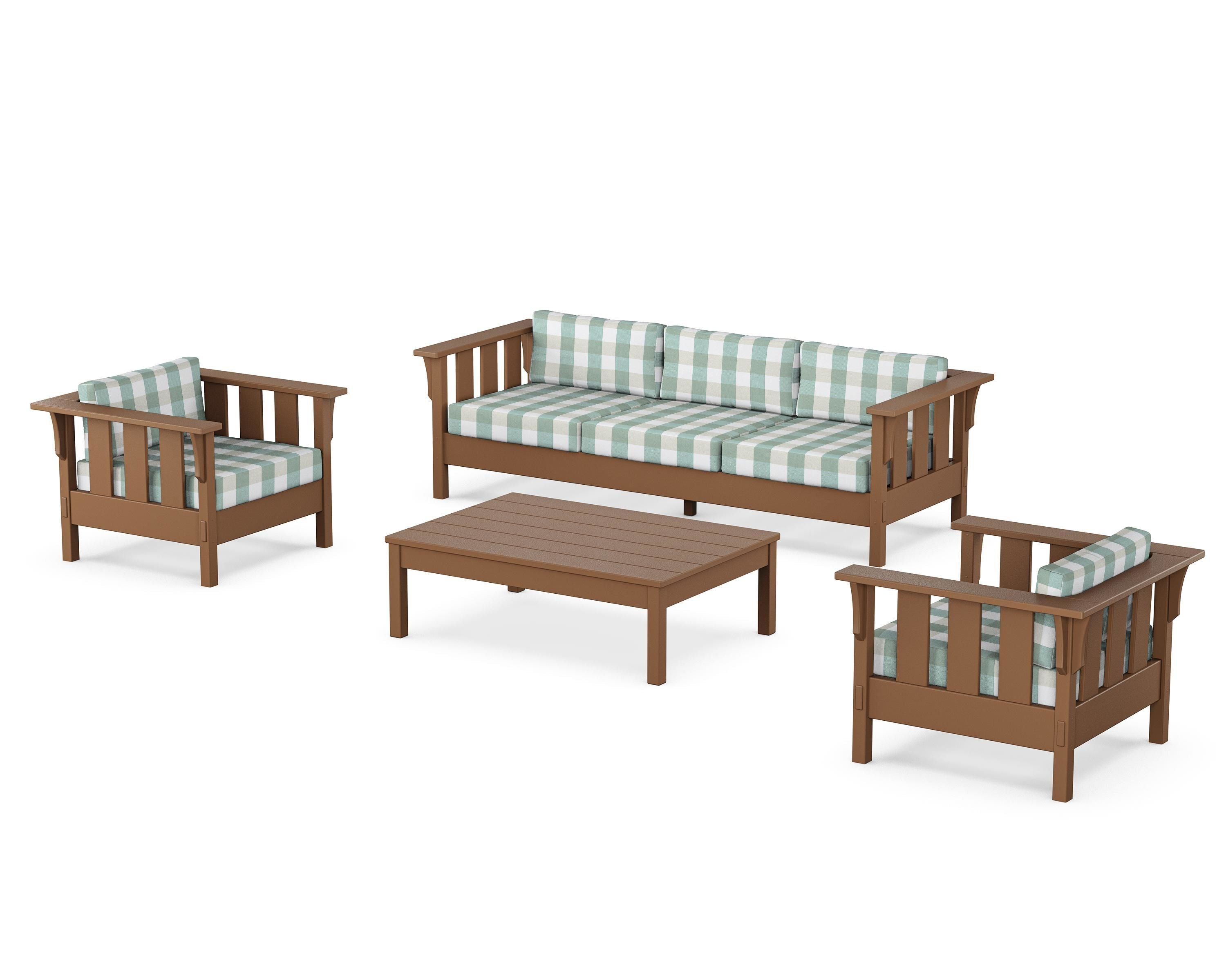 Martha Stewart by POLYWOOD® Acadia 4-Piece Deep Seating Set with Sofa in Teak / Buffalo Plaid Glacier Spa