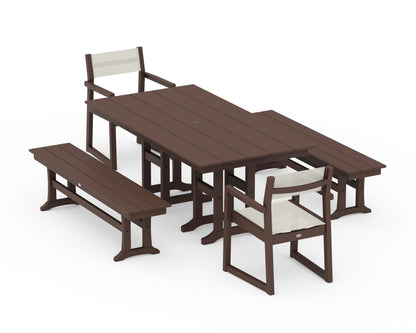 POLYWOOD® EDGE Sling Arm Chair 5-Piece Farmhouse Dining Set with Benches in Mahogany / Parchment Sling