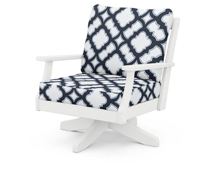 POLYWOOD® Braxton Deep Seating Swivel Chair in White / Trellis Marine Indigo