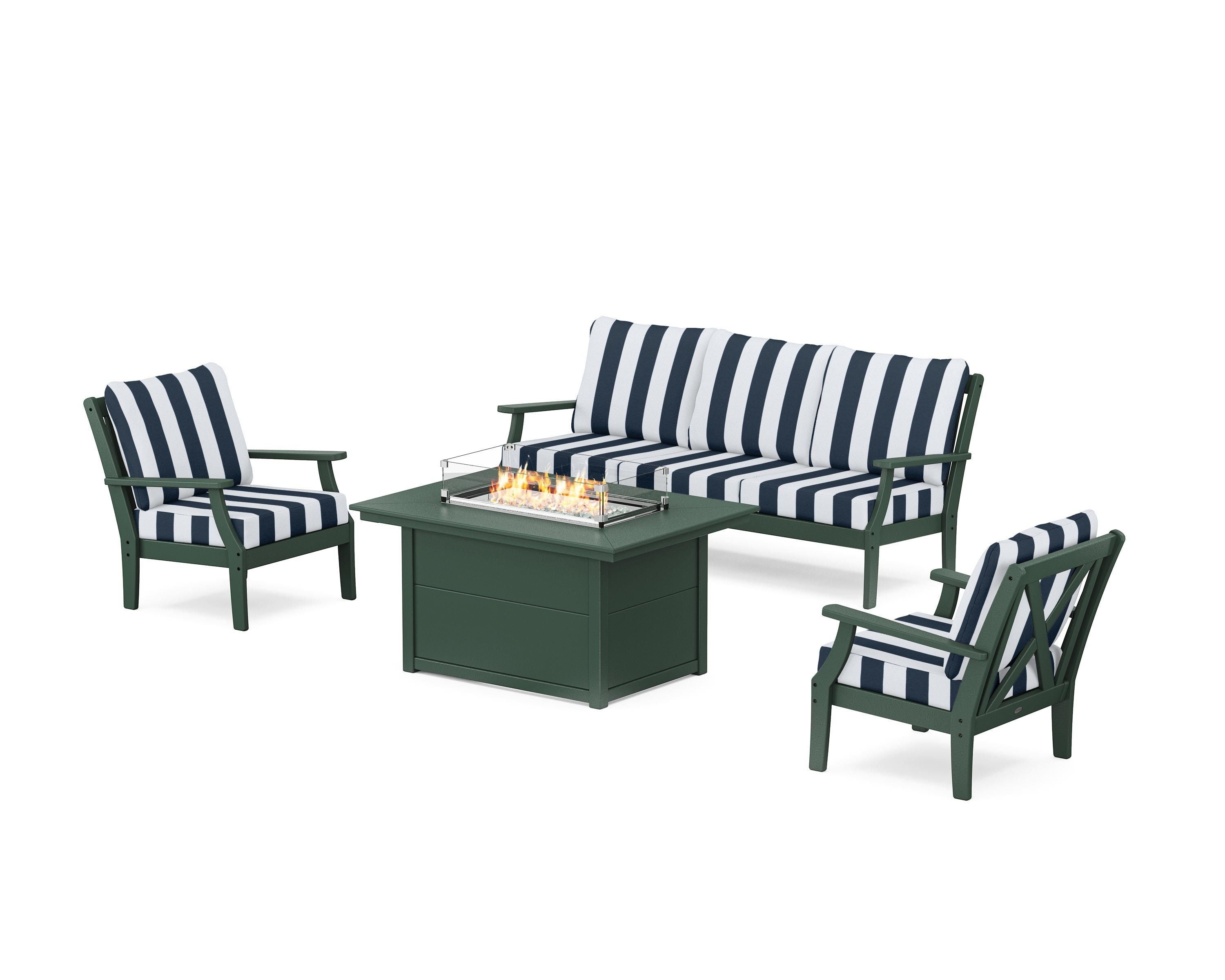 POLYWOOD® Braxton Deep Seating Fire Pit Table Set in Green / Cabana Stripe Marine Indigo