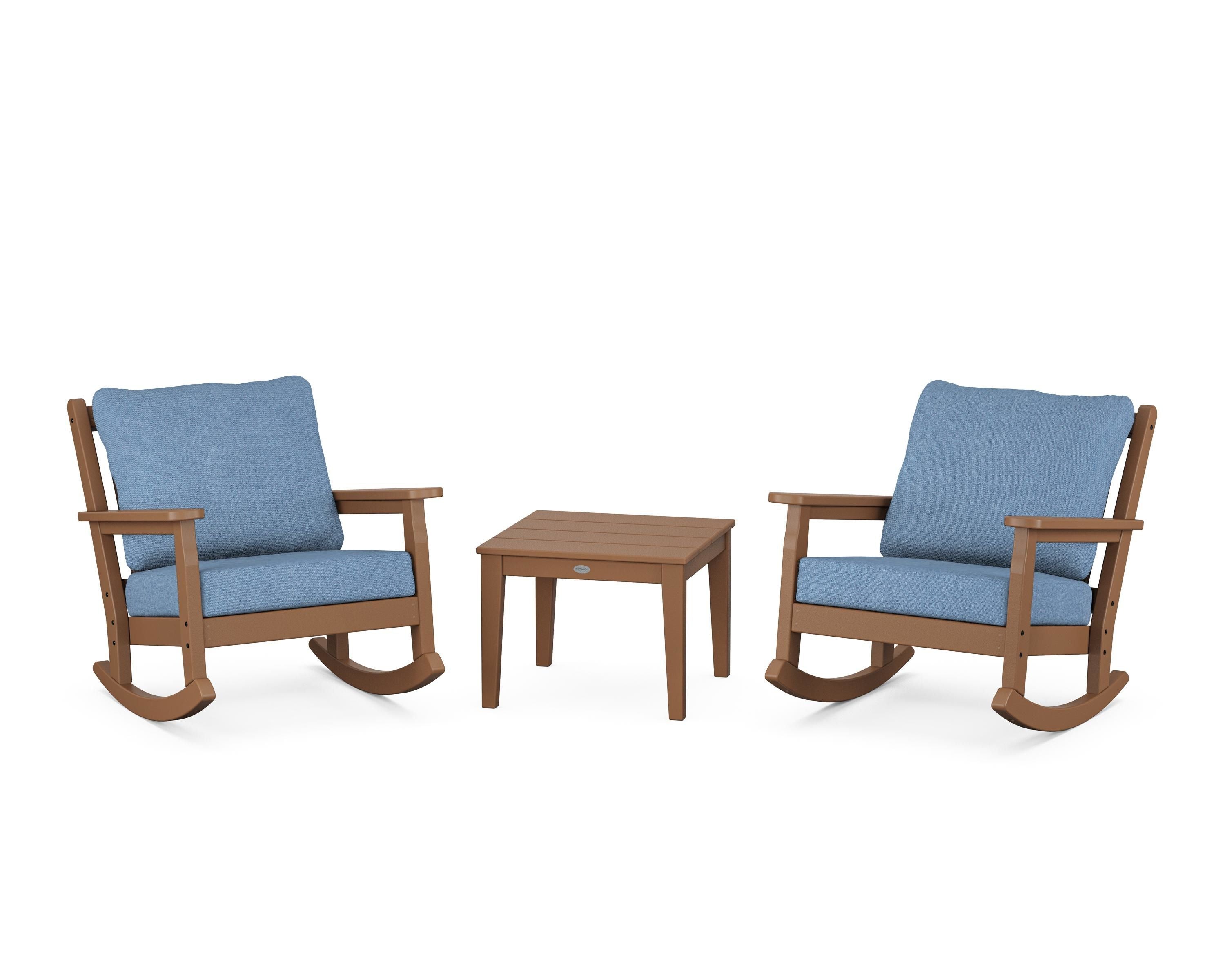 POLYWOOD® Chippendale 3-Piece Deep Seating Rocker Set in Teak / Sky Blue