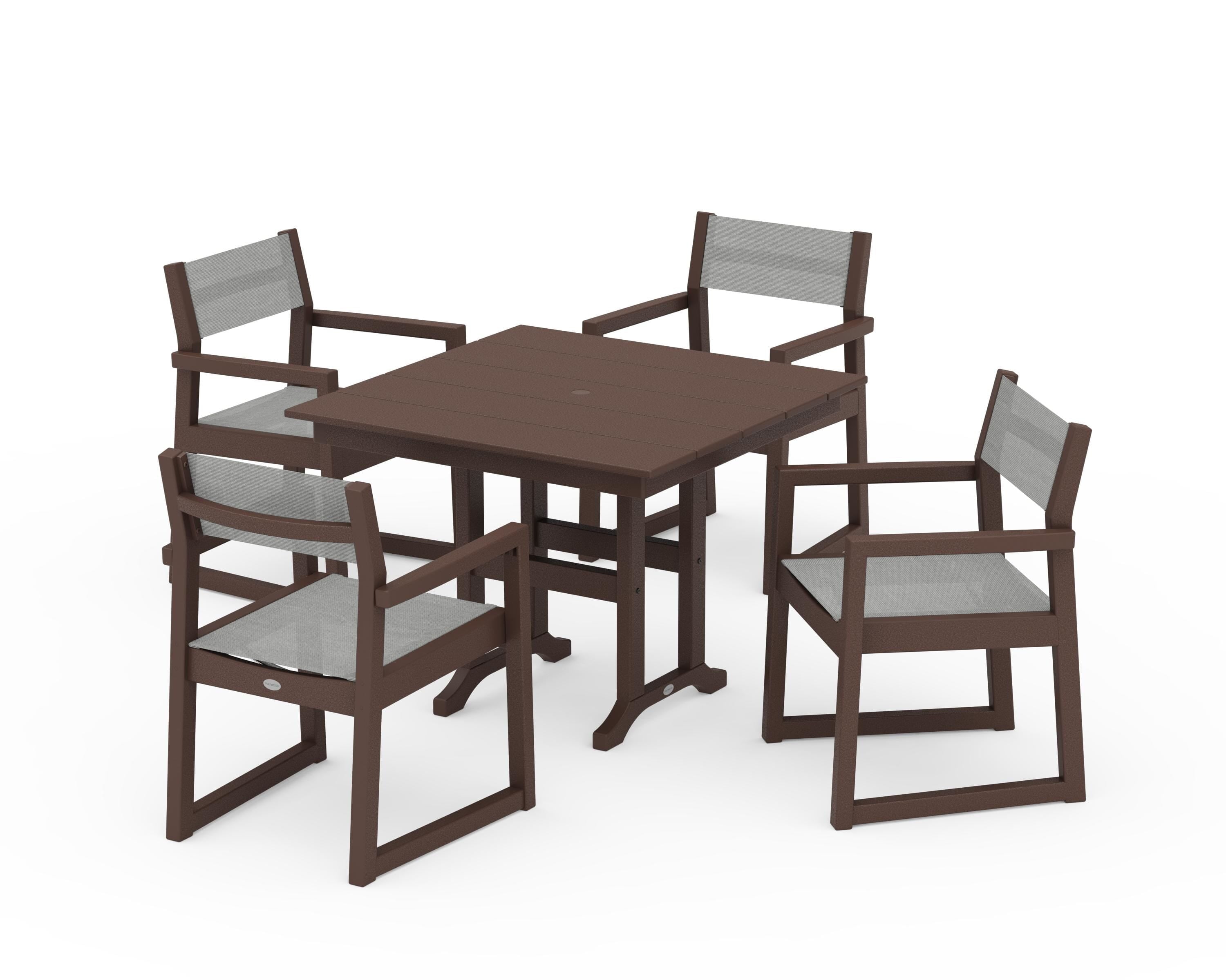 POLYWOOD® EDGE Sling Arm Chair 5-Piece Farmhouse Dining Set in Mahogany / Metallic Sling