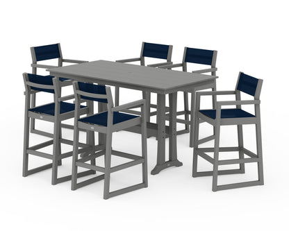 POLYWOOD® EDGE Sling Arm Chair 7-Piece Farmhouse Bar Set with Trestle Legs in Slate Grey / Navy Blue Sling