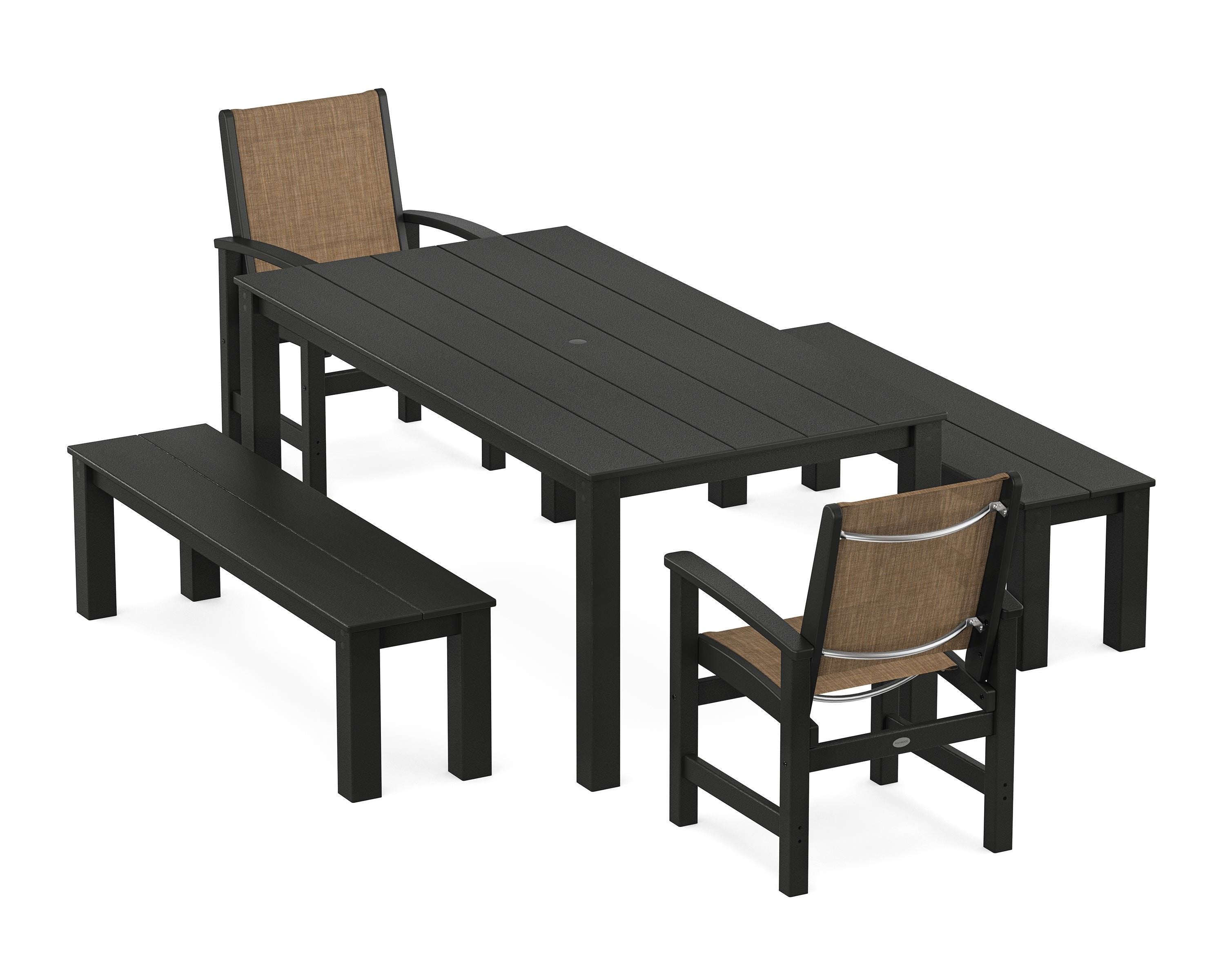 POLYWOOD® Coastal 5-Piece Parsons Dining Set with Benches in Black / Burlap Sling