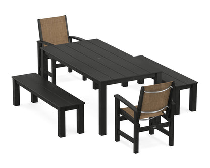 POLYWOOD® Coastal 5-Piece Parsons Dining Set with Benches in Black / Burlap Sling