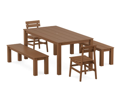 POLYWOOD® Modern Studio Plaza Chair 5-Piece Parsons Dining Set with Benches in Teak