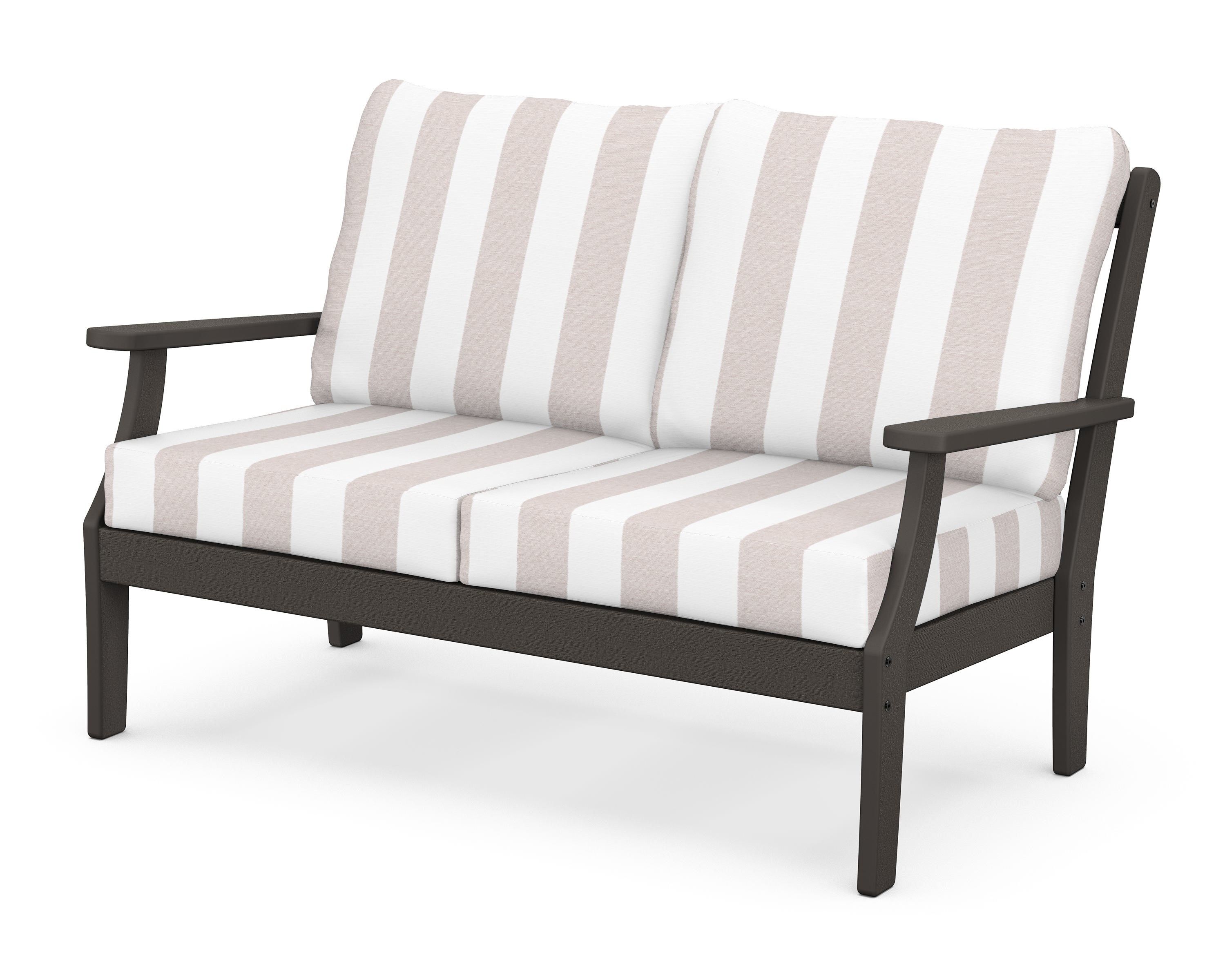 POLYWOOD® Braxton Deep Seating Loveseat in Vintage Coffee / Cabana Stripe Dune Burlap