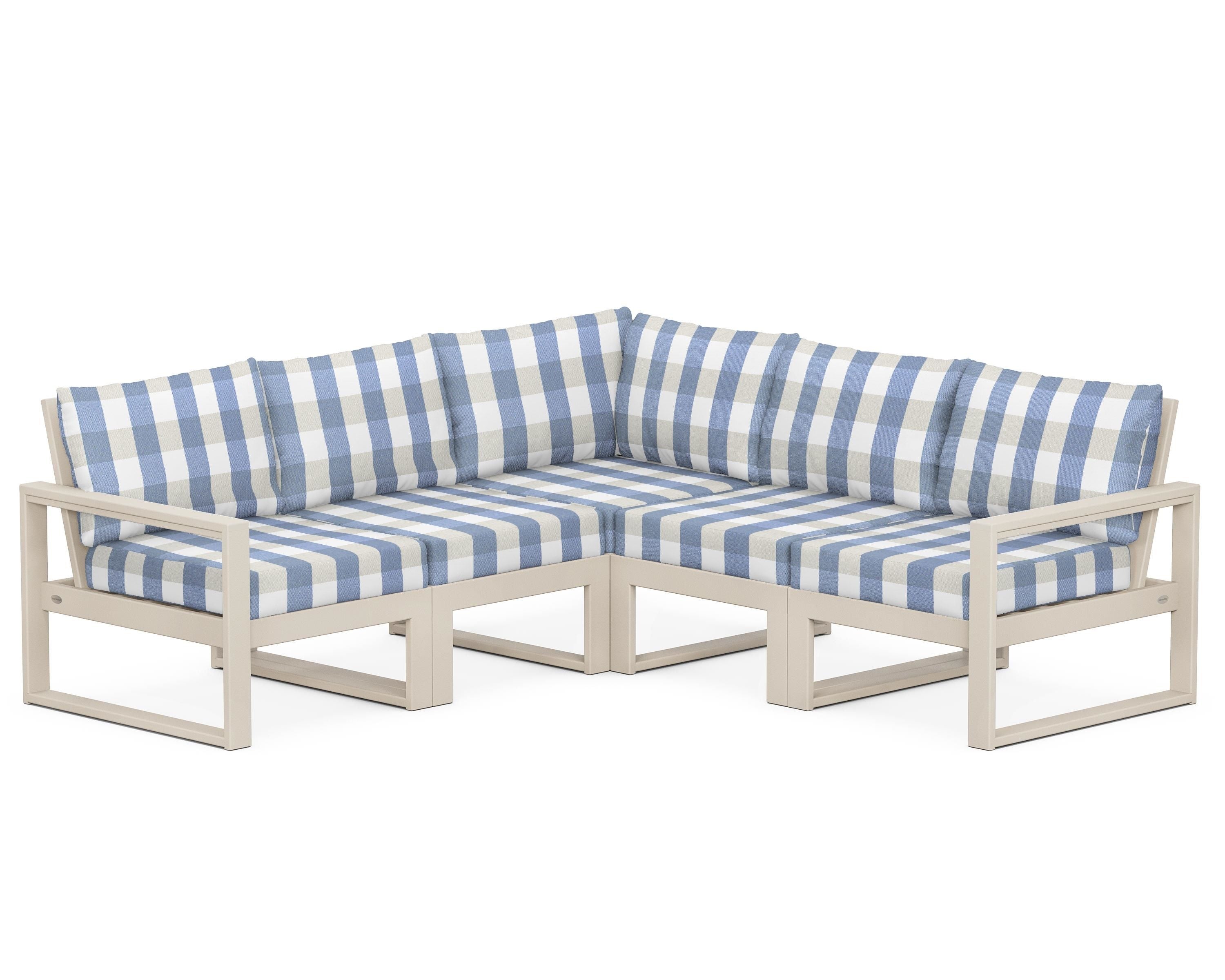 POLYWOOD® EDGE 5-Piece Modular Deep Seating Set in Sand / Buffalo Plaid Sky Blue