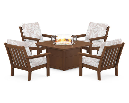 POLYWOOD® Vineyard 5-Piece Conversation Set with Fire Pit Table in Teak / Leaf Dune Burlap