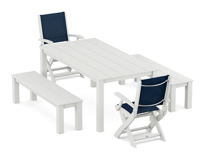 POLYWOOD® Coastal Folding Chair 5-Piece Parsons Dining Set with Benches in White / Navy Blue Sling