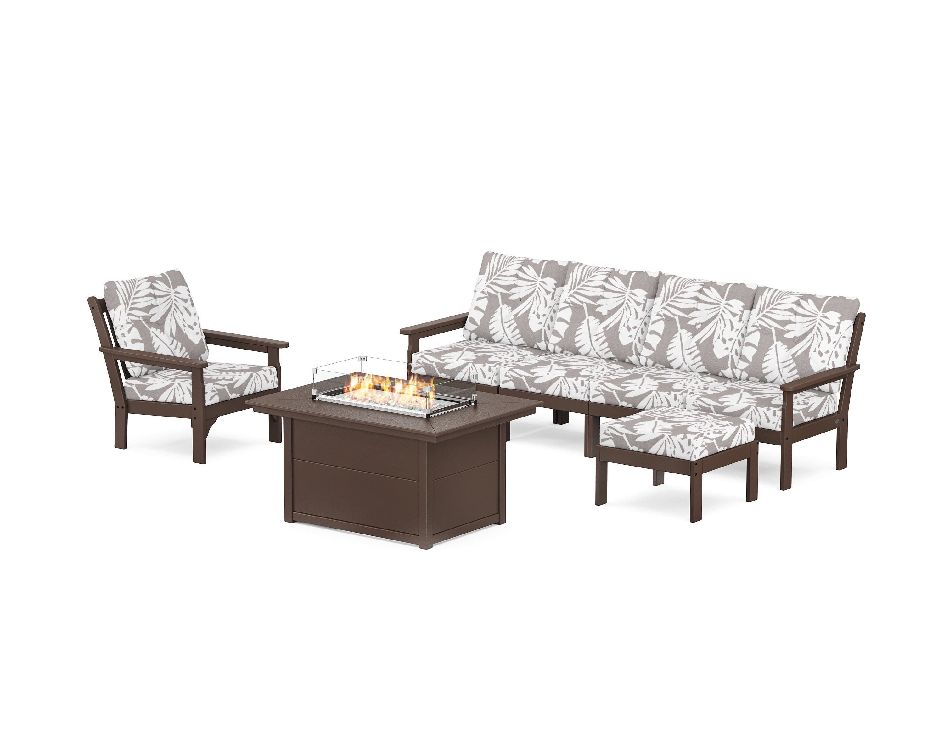 POLYWOOD® Vineyard Sectional Lounge and Fire Pit Set in Mahogany / Leaf Grey Mist