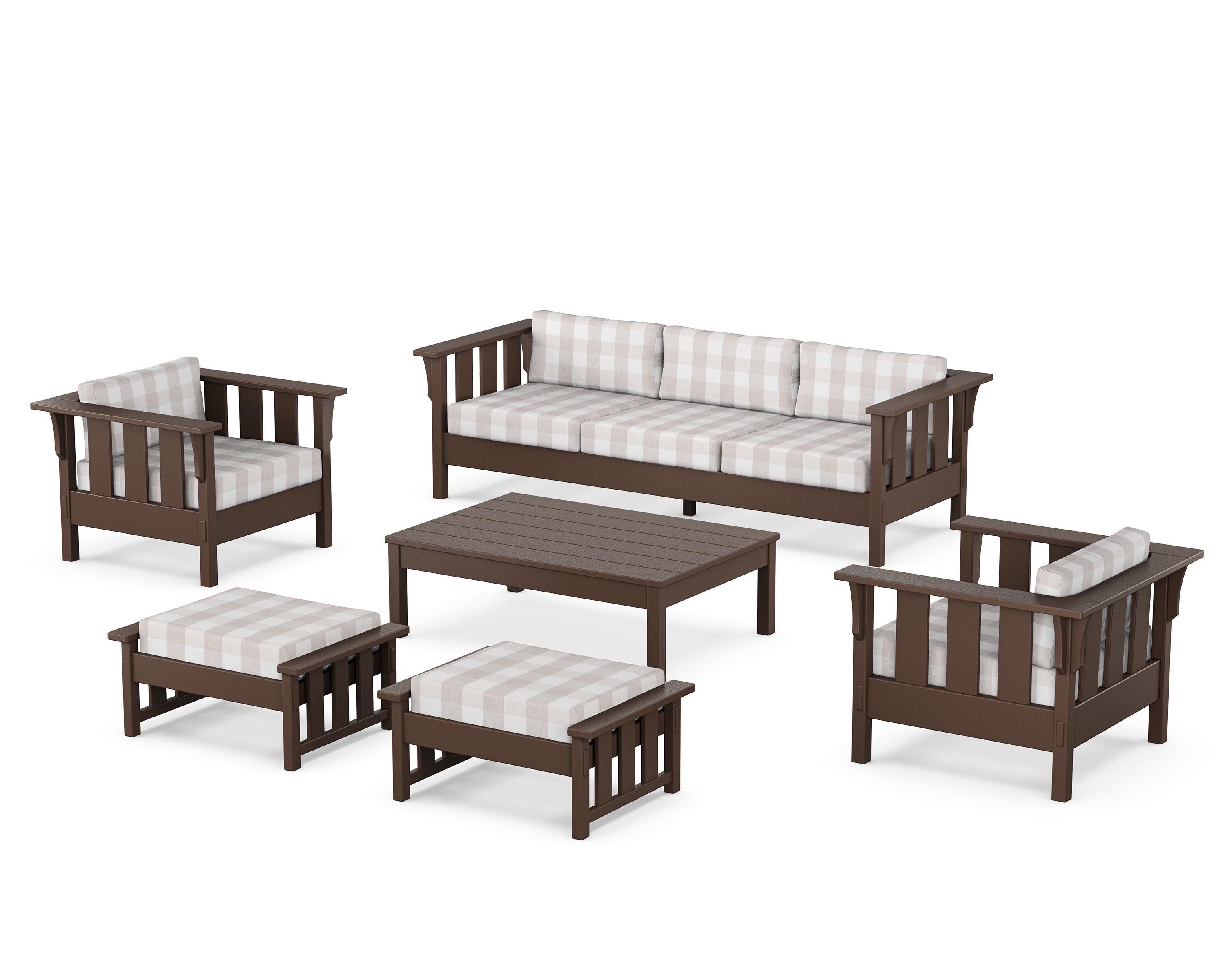 Martha Stewart by POLYWOOD® Acadia 6-Piece Lounge Sofa Set in Mahogany / Buffalo Plaid Dune Burlap
