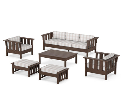 Martha Stewart by POLYWOOD® Acadia 6-Piece Lounge Sofa Set in Mahogany / Buffalo Plaid Dune Burlap