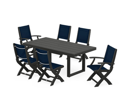 POLYWOOD® Coastal Folding Chair 7-Piece Dining Set with Trestle Legs in Black / Navy Blue Sling