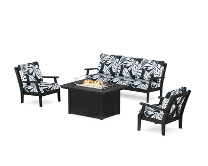 POLYWOOD® Braxton Deep Seating Fire Pit Table Set in Black / Leaf Marine Indigo