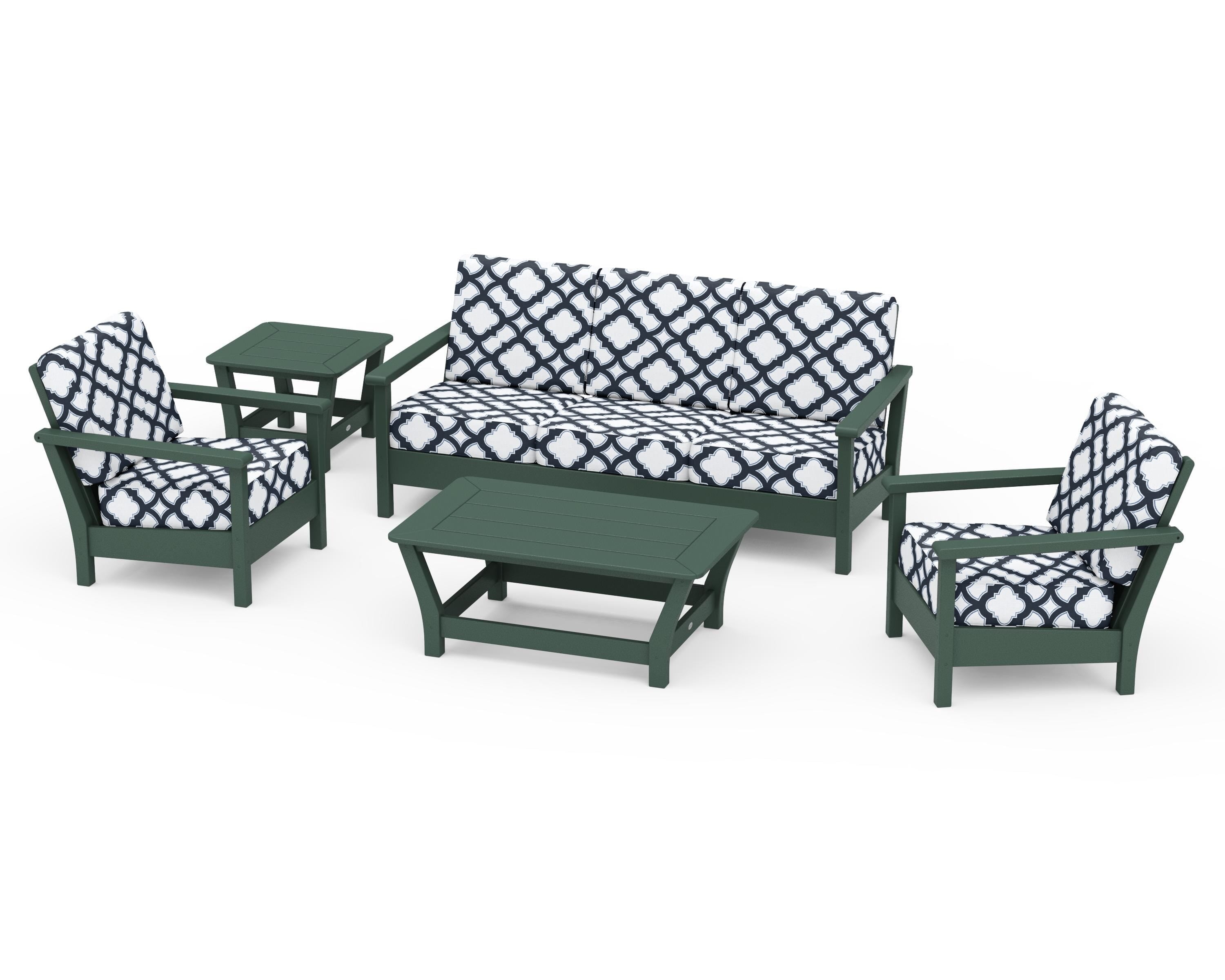 POLYWOOD® Harbour 5-Piece Deep Seating Set in Green / Trellis Marine Indigo