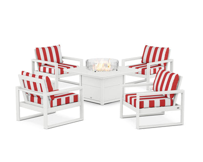 POLYWOOD® EDGE Sectional 5-Piece Deep Seating Set with Fire Pit Table in White / Cabana Stripe Crimson