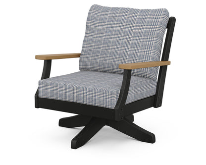 POLYWOOD® Braxton Deep Seating Swivel Chair in Black / Natural / Houndstooth Sky Blue