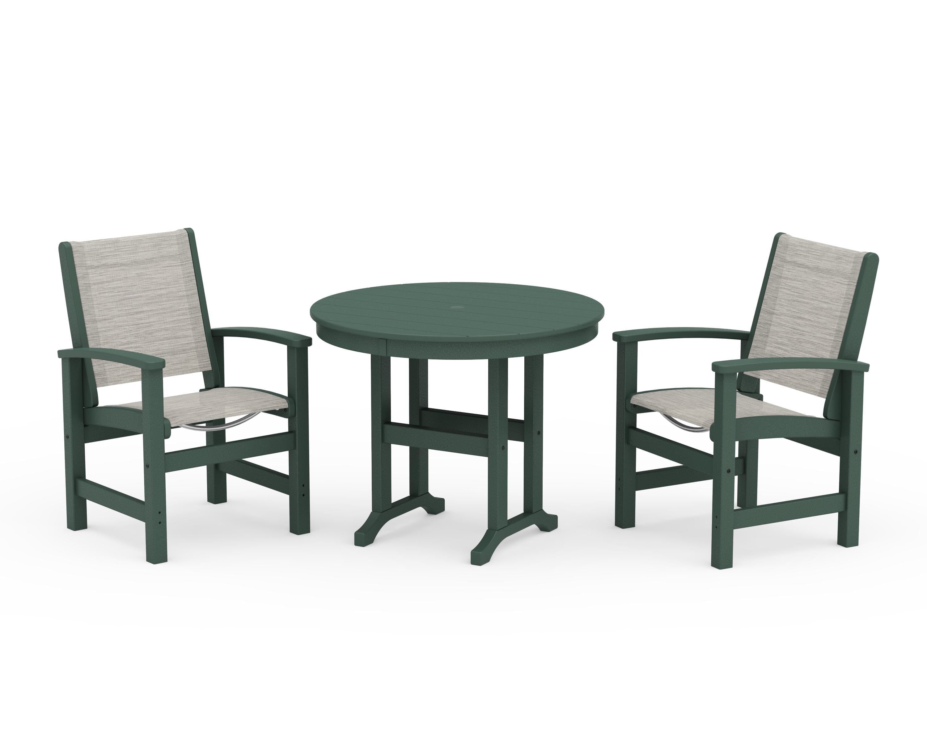 POLYWOOD® Coastal 3-Piece Round Dining Set in Green / Birch Sling
