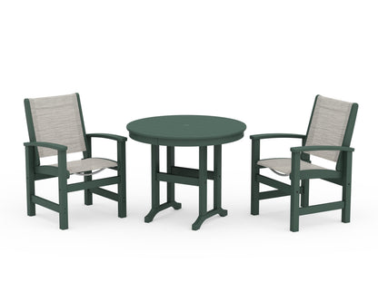 POLYWOOD® Coastal 3-Piece Round Dining Set in Green / Birch Sling
