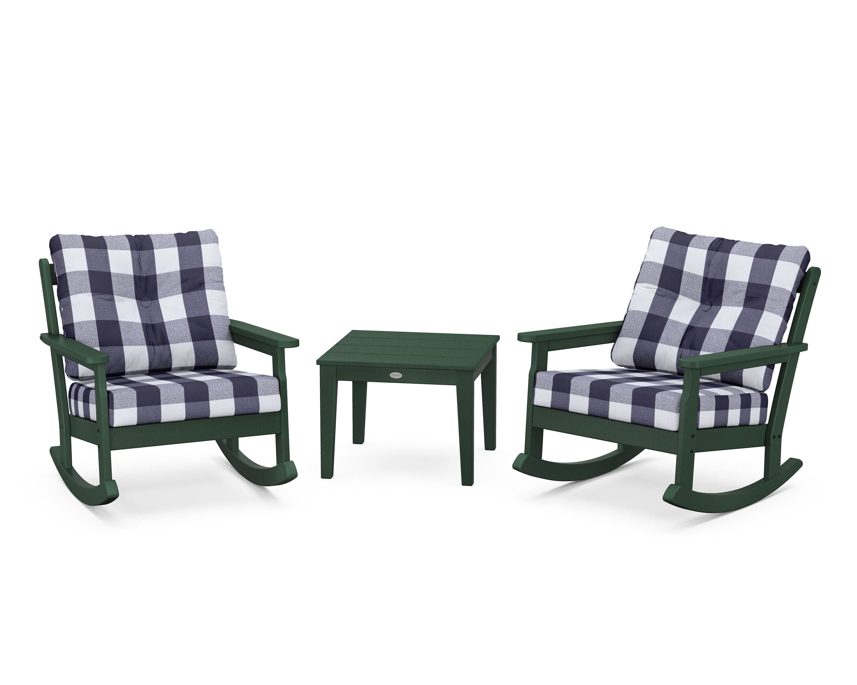 POLYWOOD® Vineyard 3-Piece Deep Seating Rocker Set in Green / Buffalo Plaid Navy
