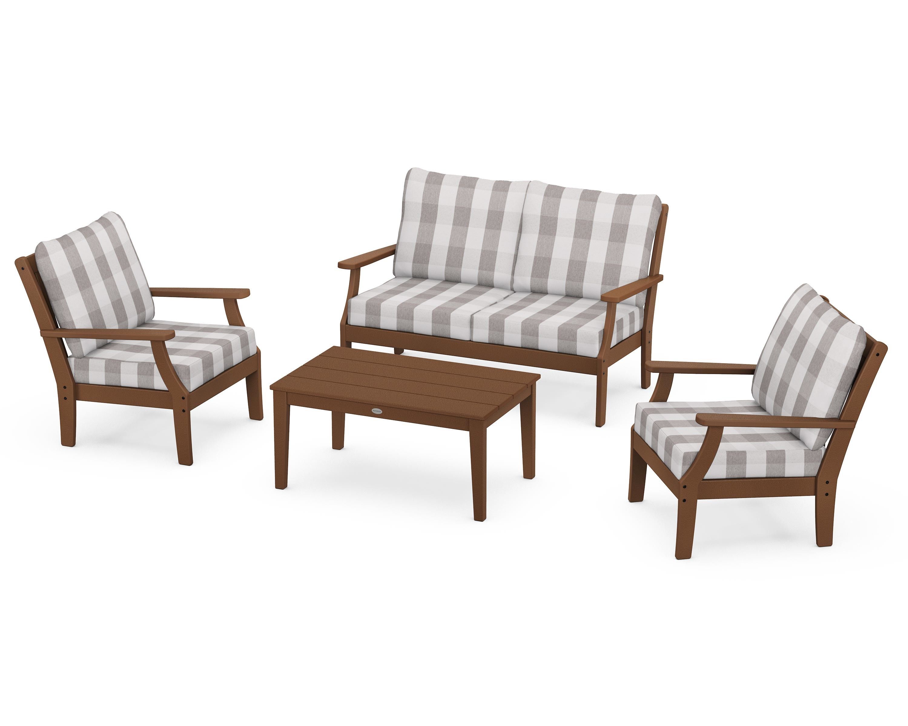 POLYWOOD® Braxton 4-Piece Deep Seating Chair Set in Teak / Buffalo Plaid Grey Mist