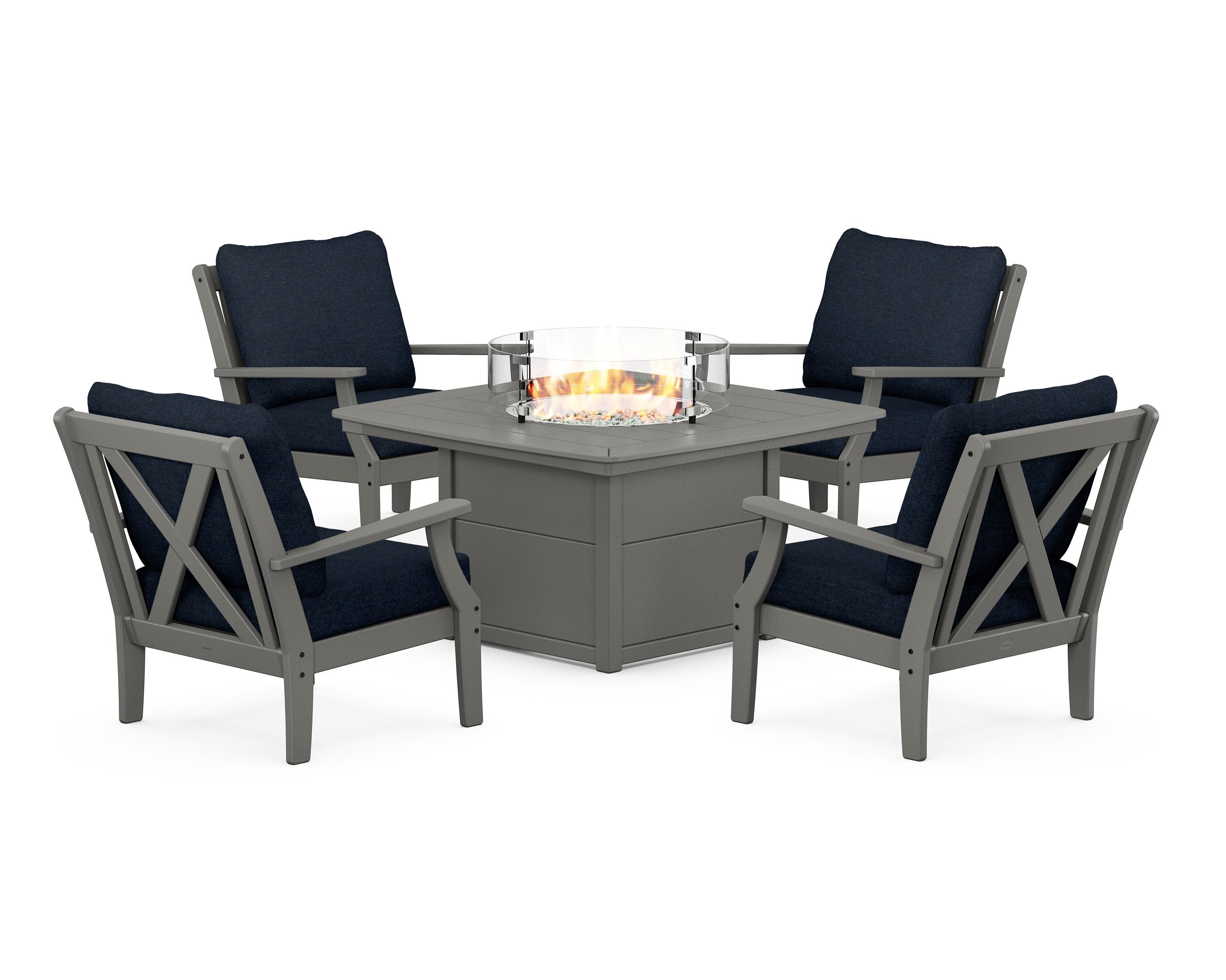 POLYWOOD® Braxton 5-Piece Deep Seating Conversation Set with Fire Pit Table in Slate Grey / Marine Indigo