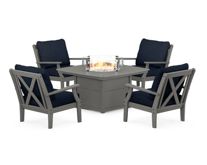 POLYWOOD® Braxton 5-Piece Deep Seating Conversation Set with Fire Pit Table in Slate Grey / Marine Indigo