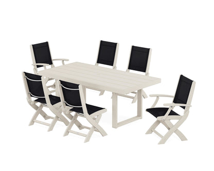 POLYWOOD® Coastal Folding Chair 7-Piece Dining Set with Trestle Legs in Sand / Black Sling