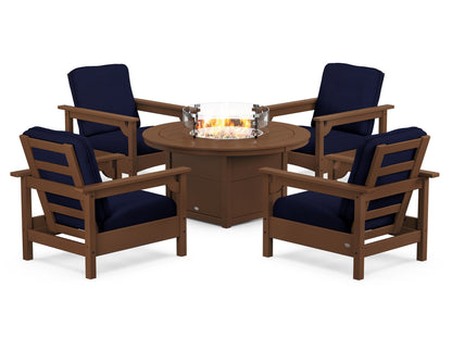 POLYWOOD® Club 5-Piece Conversation Set with Fire Pit Table in Teak / Navy