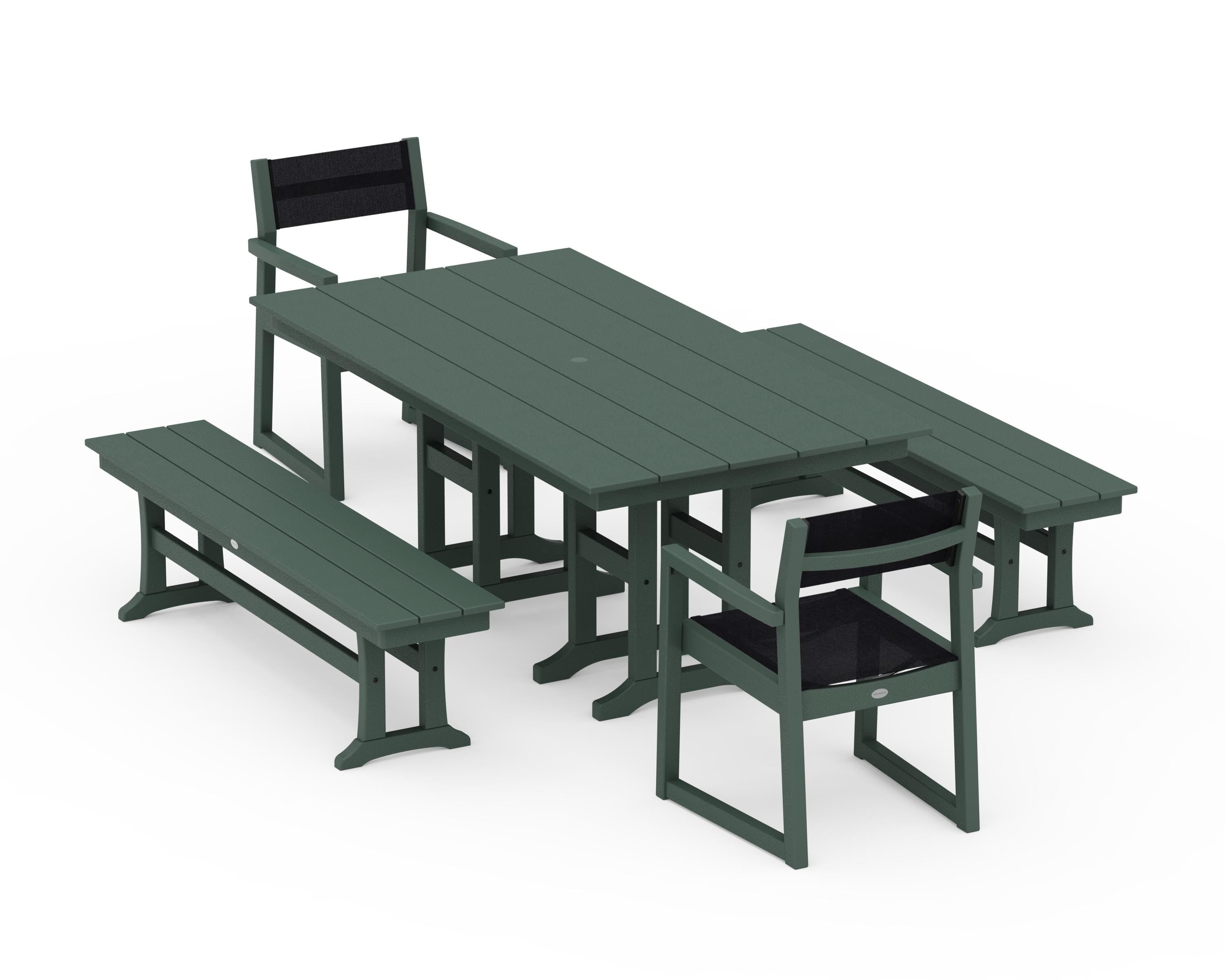 POLYWOOD® EDGE Sling Arm Chair 5-Piece Farmhouse Dining Set with Benches in Green / Black Sling