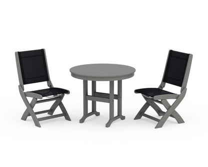 POLYWOOD® Coastal Folding Side Chair 3-Piece Round Dining Set in Slate Grey / Black Sling