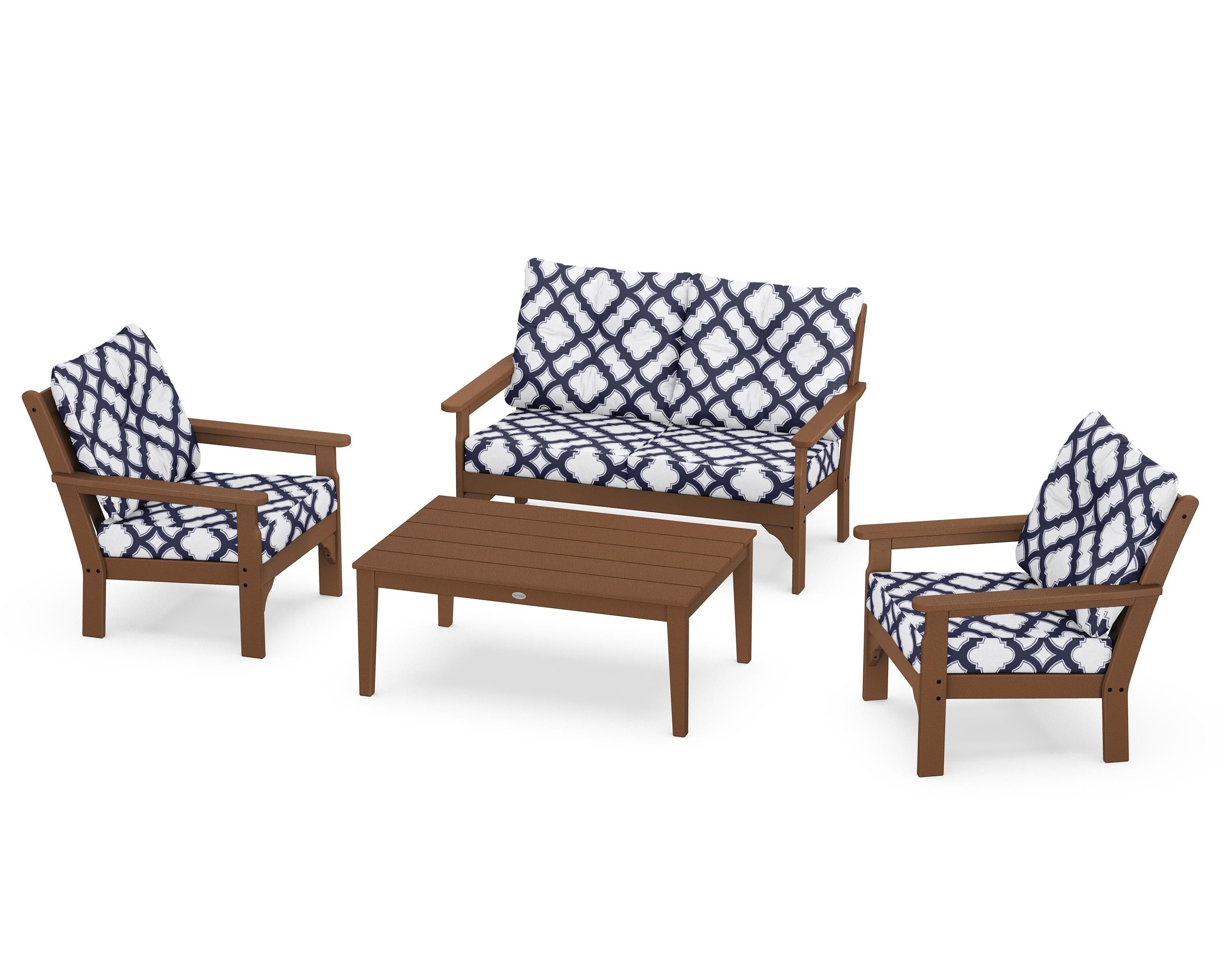 POLYWOOD® Vineyard 4-Piece Deep Seating Set in Teak / Trellis Navy