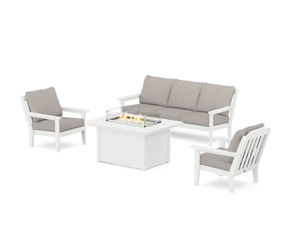 Country Living Cottage Deep Seating Fire Pit Table Set in White / Weathered Tweed