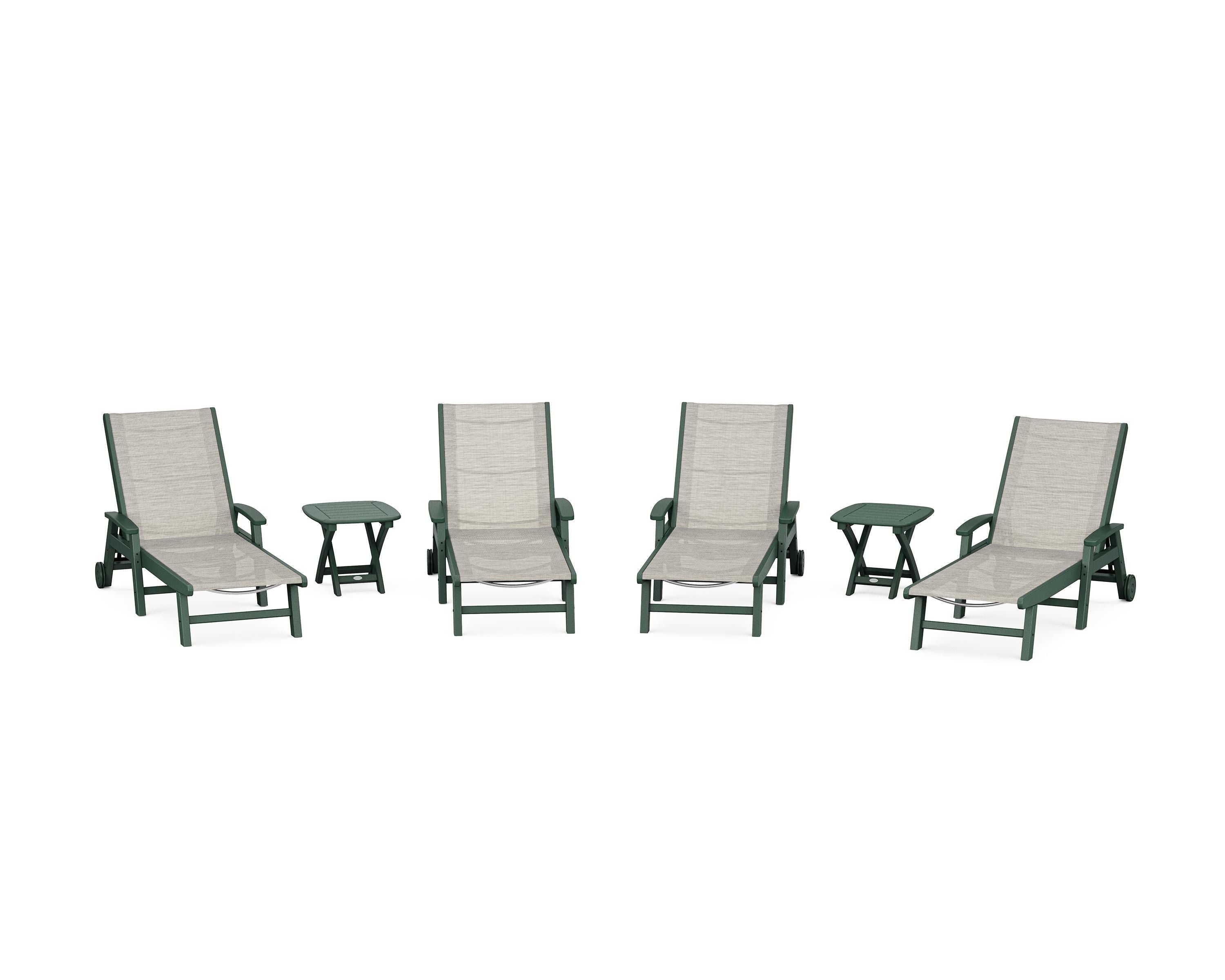 POLYWOOD® Coastal Chaise 6-Piece Set with Wheels in Green / Birch Sling