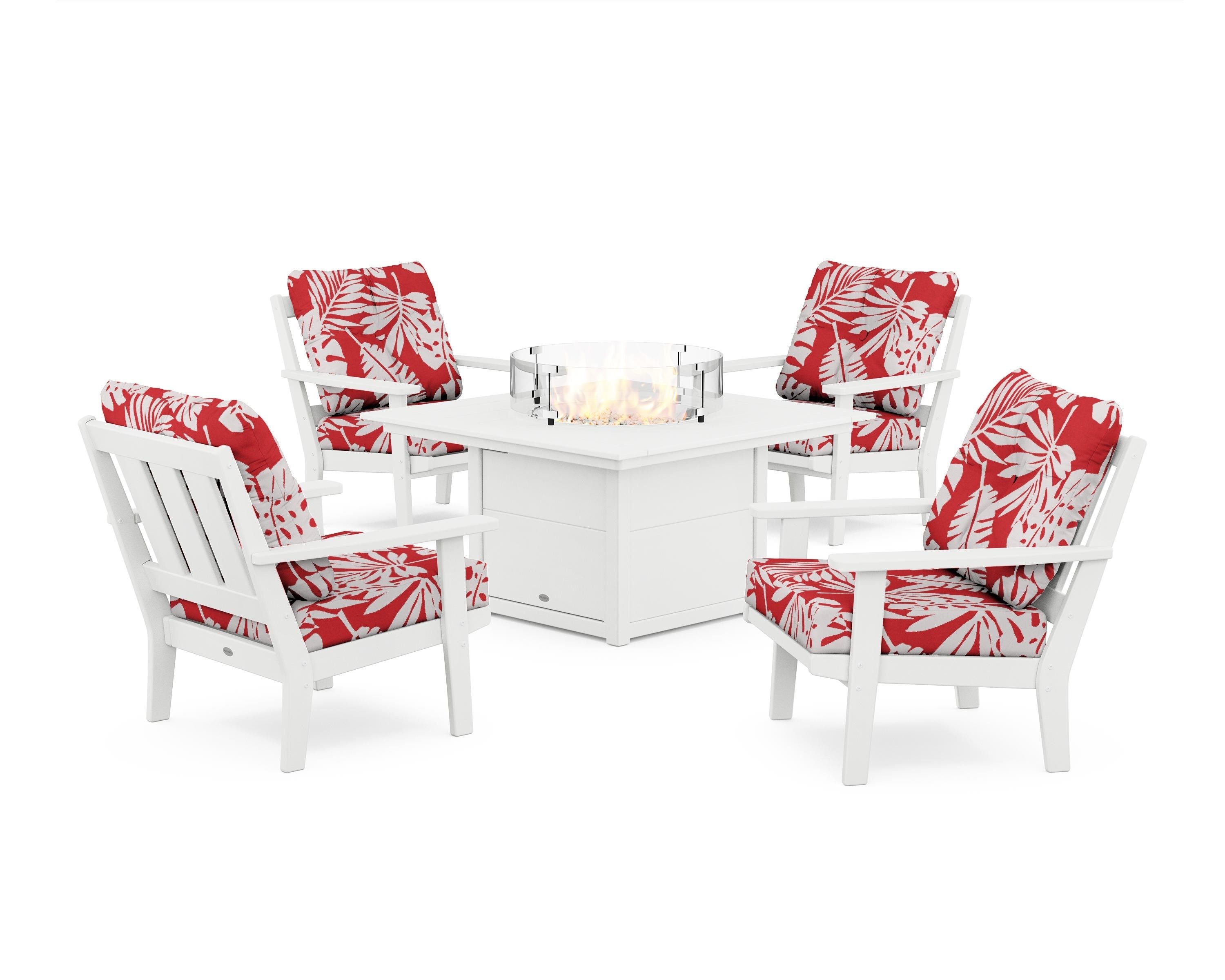 POLYWOOD® Oxford 5-Piece Deep Seating Set with Fire Pit Table in White / Leaf Crimson